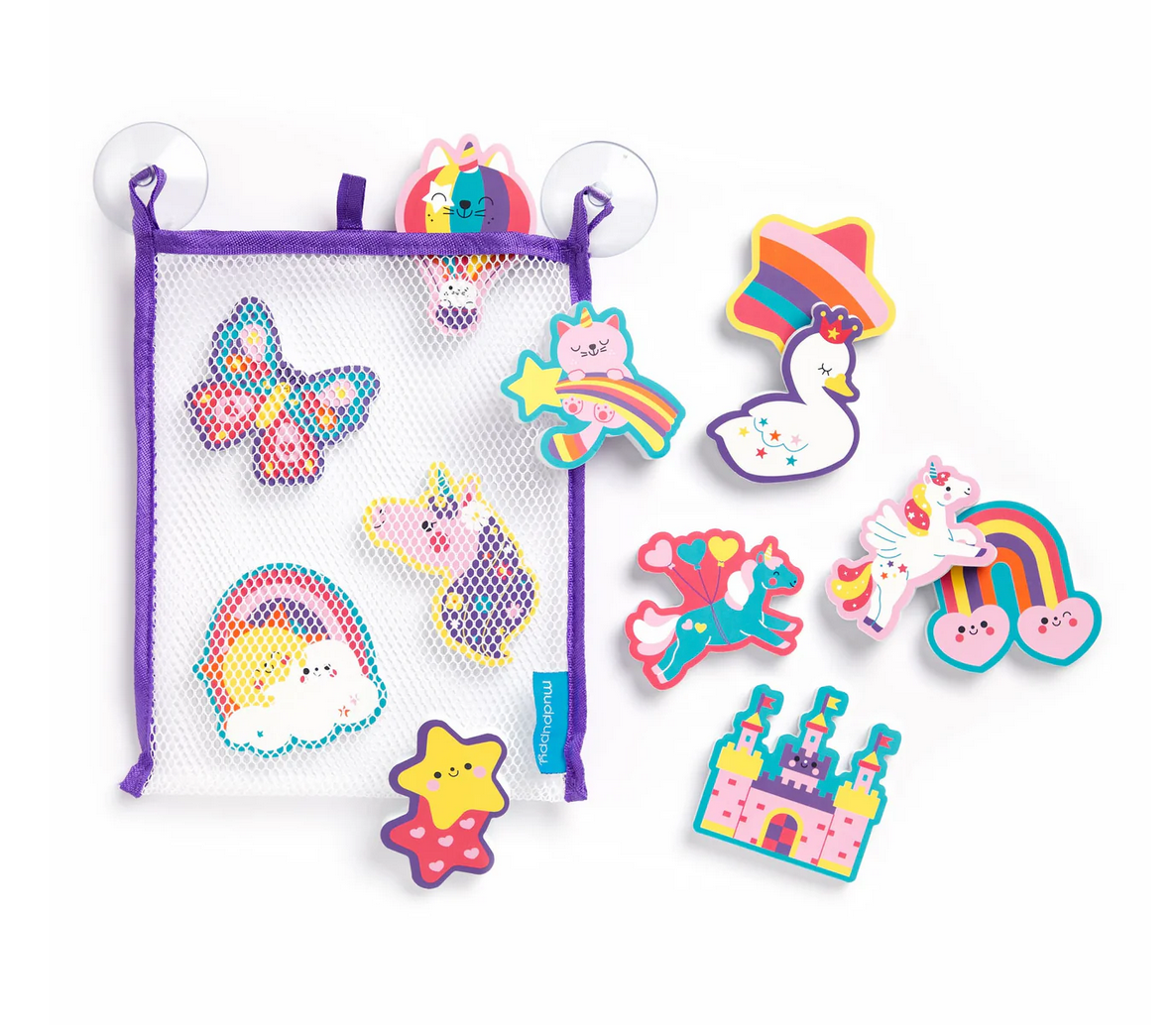 Bath Shapes Unicorn Dreams with 20 colorful stickable foam shapes and mesh storage bag for fun bath time play.