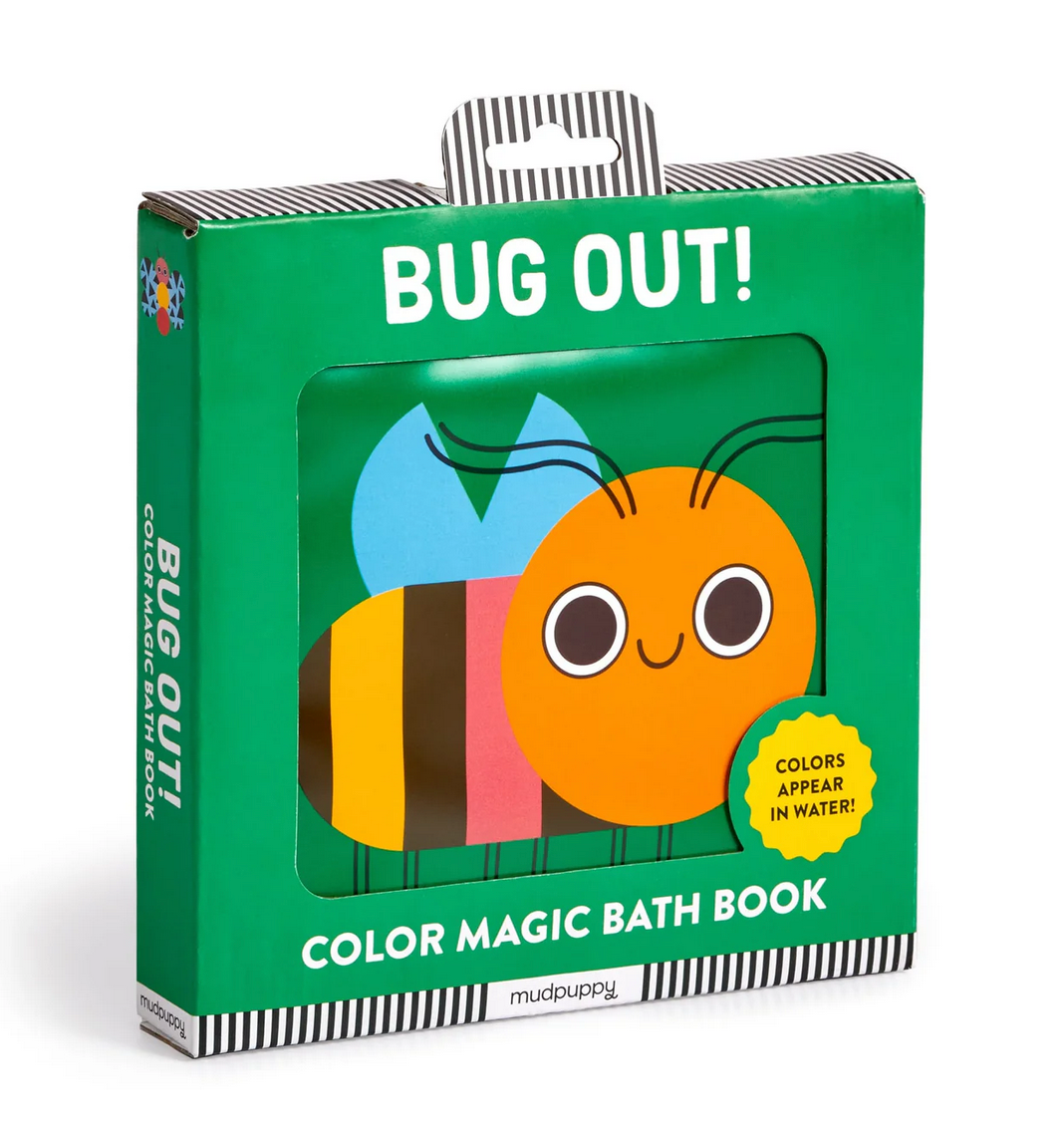 Bath Book Color Magic | Bug Out! in green box with colorful bug illustration and "Colors appear in water" label.