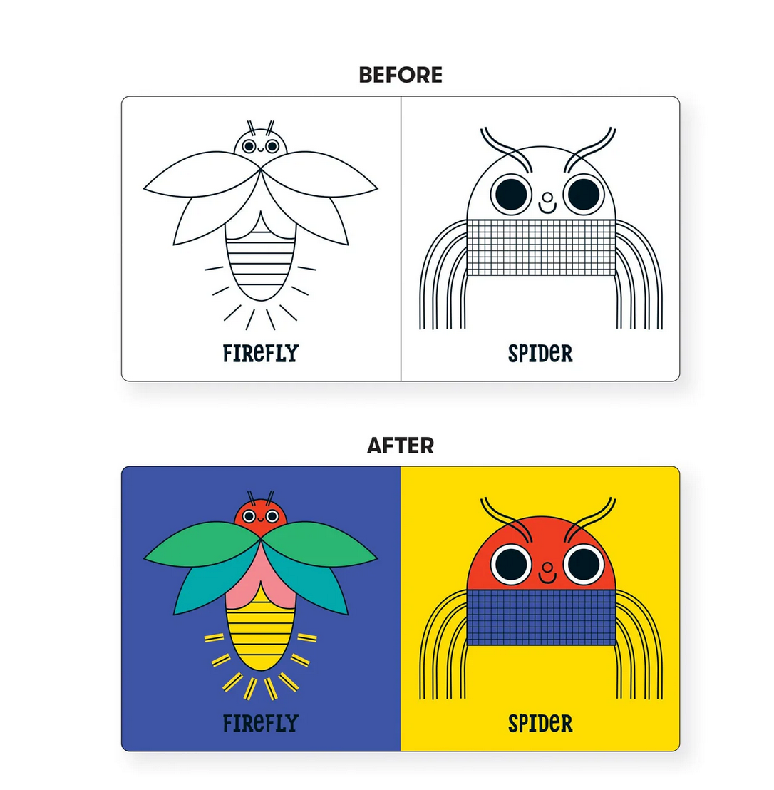 Bath Book Color Magic | Bug Out! shows color-changing firefly and spider illustrations before and after water activation.