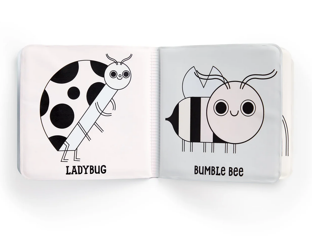 Bath Book Color Magic | Bug Out! showing black and white ladybug and bumble bee pages that change color with water.