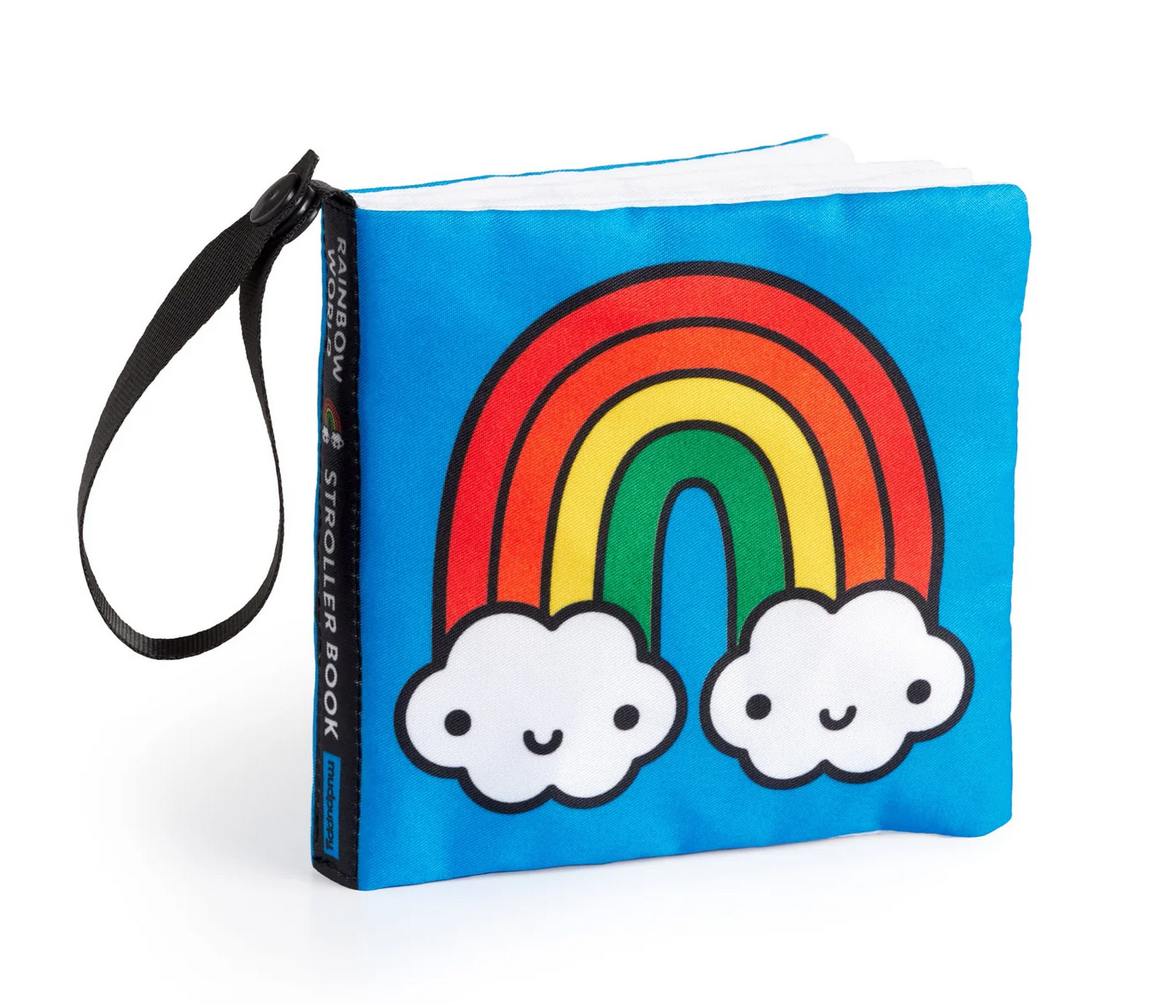 Rainbow World Crinkle Stroller Book with colorful rainbow and clouds on fabric, perfect for baby’s early learning and play.