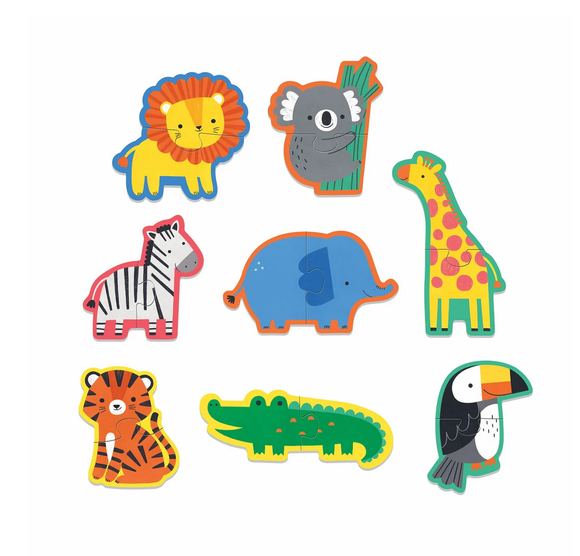 2pc Happy Animals First Puzzle featuring colorful lion, koala, giraffe, zebra, elephant, tiger, crocodile, and toucan pieces.