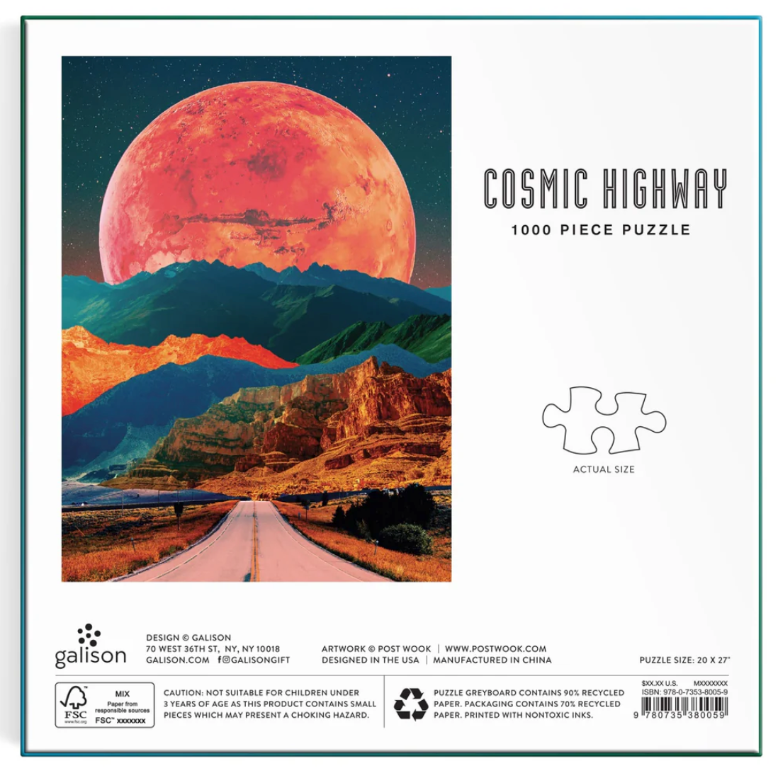 1000pc Cosmic Highway Puzzle with surreal cosmic landscape featuring a road, mountains, and a large red planet in the sky.