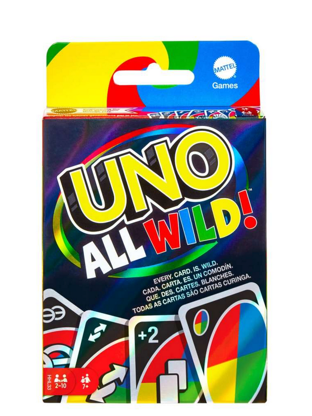 UNO All Wild! card game box and cards showing colorful wild cards for a fast-paced family game.