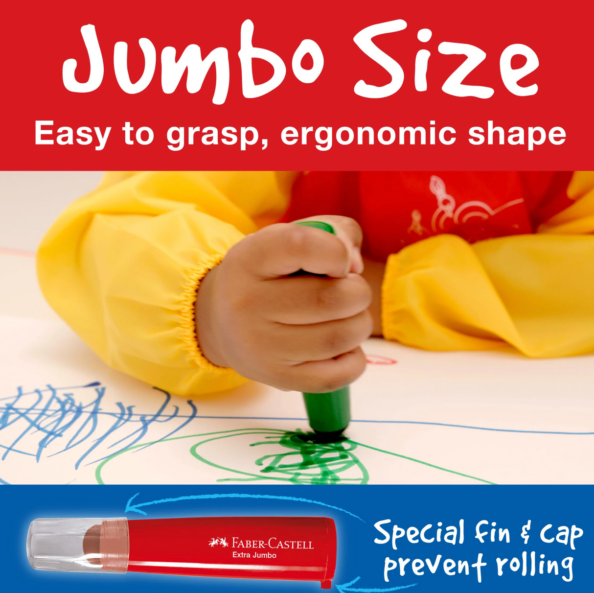 Little Creatives Ultra Washable Markers with extra jumbo size, ergonomic grip, and special caps to prevent rolling.