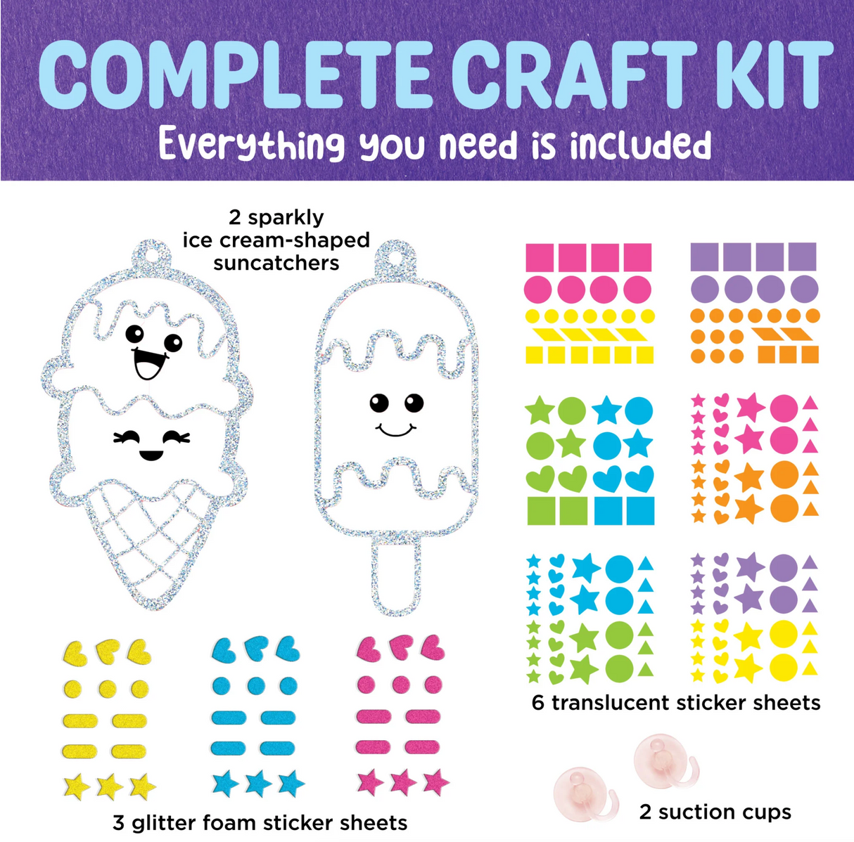Sticker Suncatchers craft kit with ice cream designs, translucent and glitter foam stickers, plus suction cups for display.