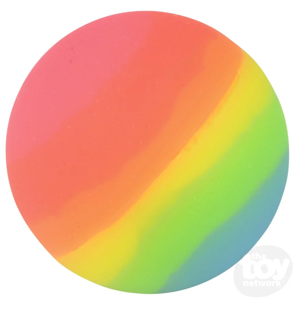 Rainbow Bouncy Ball showing vibrant rainbow colors and smooth texture, perfect for high bounce play.