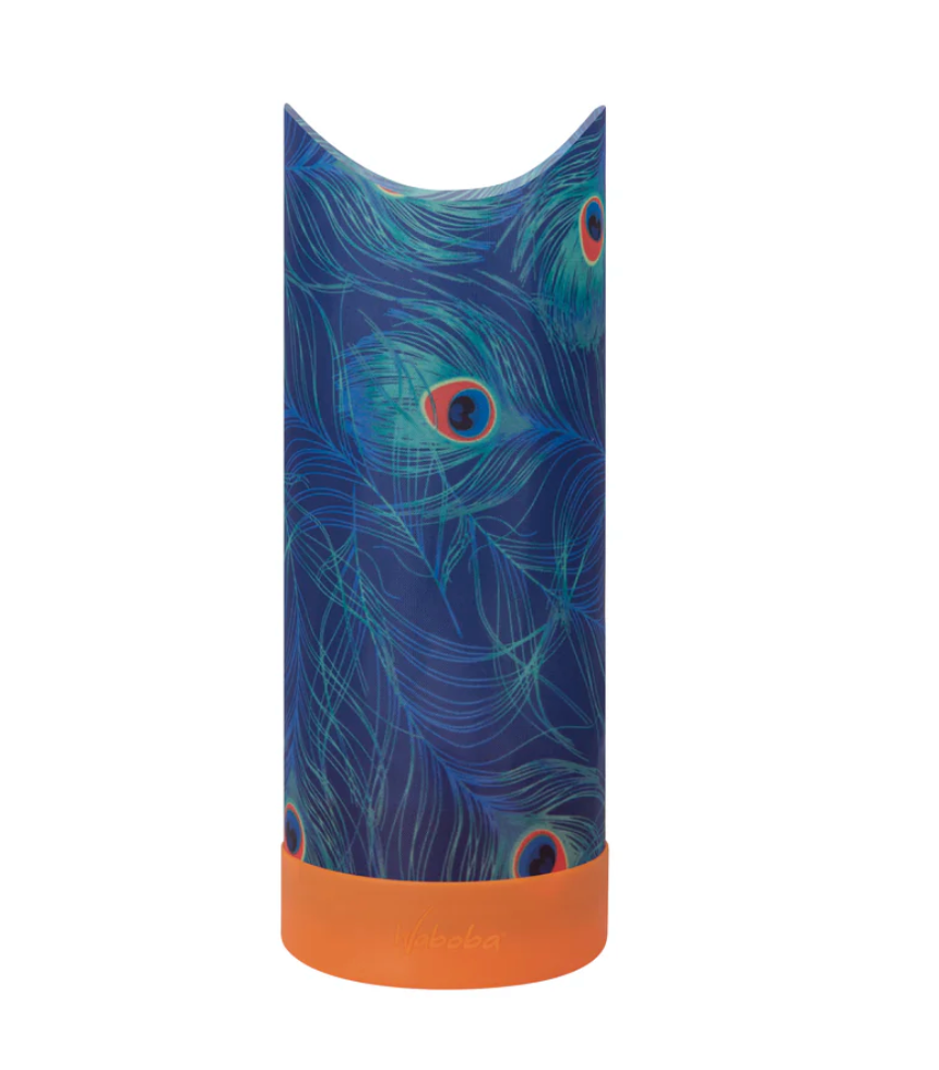 Waboba Airlyft flying glider with peacock feather design, lightweight fabric, hollow tube shape, orange base.