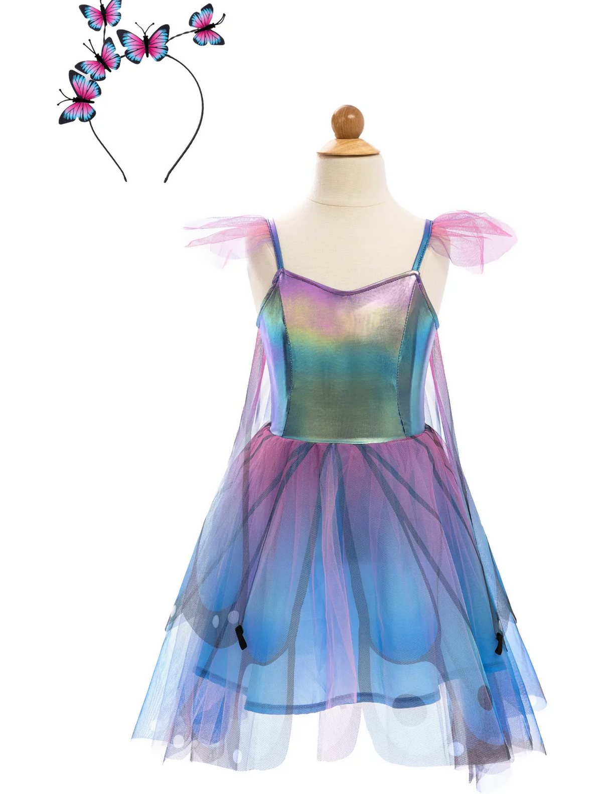 Butterfly Twirl Dress & Wings | Blue Size 5-6, soft spandex dress with attached butterfly wings and matching headband.
