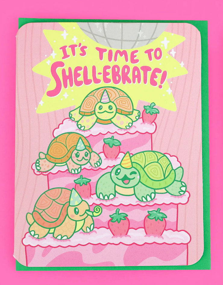 Time to Shell-Ebrate Congrats Card featuring turtles with party hats on a strawberry cake illustration.