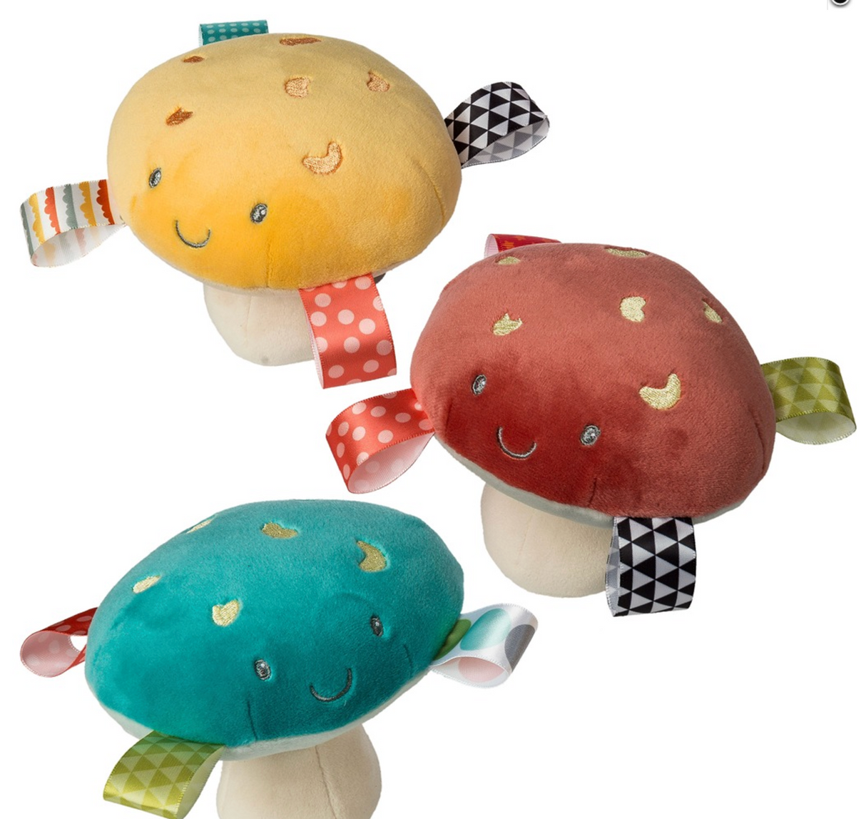 Taggies Fun Guys Mushroom Rattle in three colors with embroidered faces and sensory Taggies ribbons for babies.
