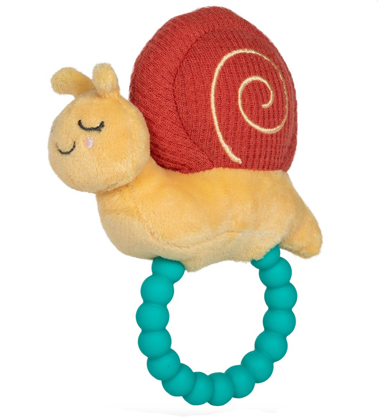 Skippy Snail Teether Rattle with plush snail, textured shell, and silicone bead teether for babies' sensory play.