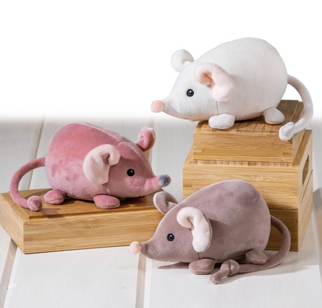 Three colorful Smootheez Mouse plush toys sitting on wooden blocks with velvety soft fabric and embroidered eyes.