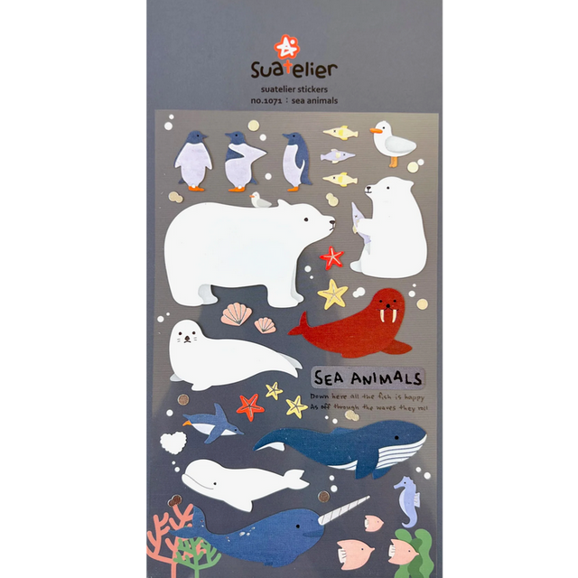 Sea Animal Sticker sheet featuring playful sea creatures like whales, seals, penguins, and starfish for creative decorating.