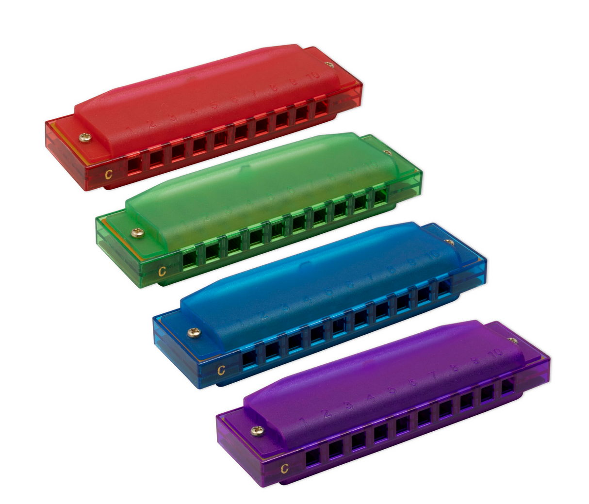 Translucent Harmonica showing colorful, transparent design revealing internal reeds in red, green, blue, and purple colors.