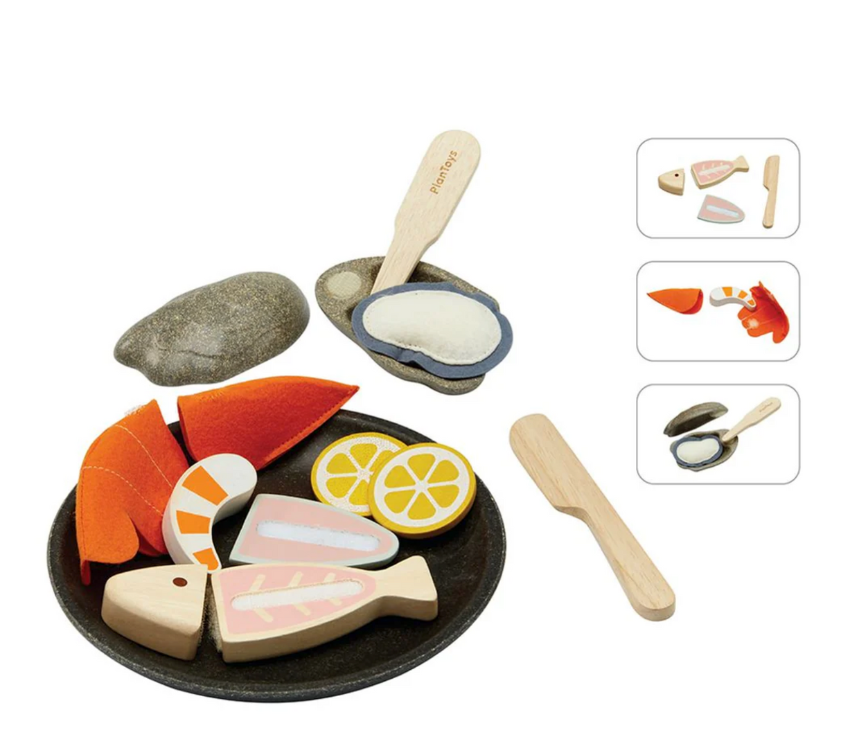 PlanToys Seafood Platter with oyster, prawn, sliceable fish, lemons, knives, and plate for pretend play.