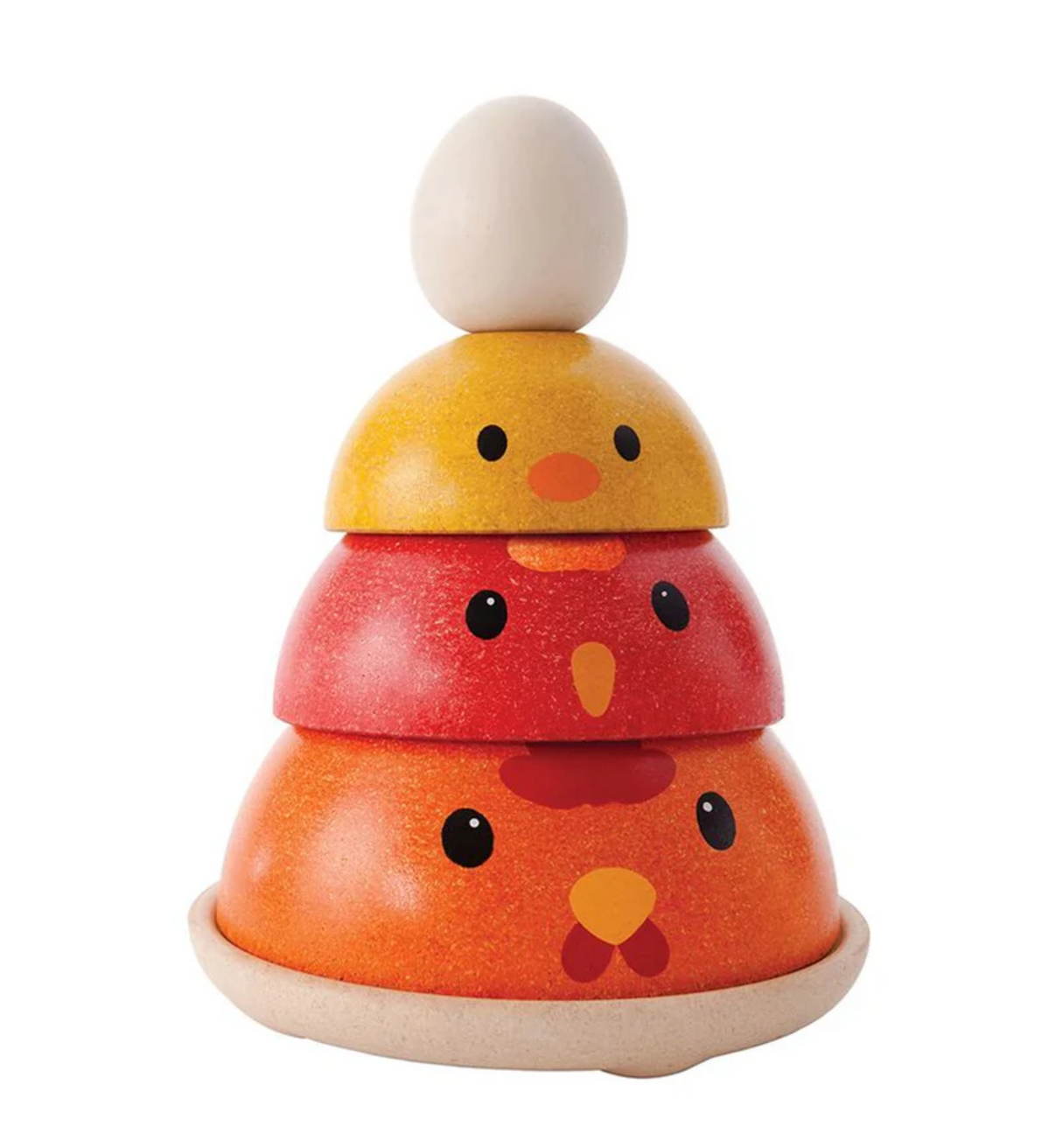 Chicken Nesting stacking toy with four pieces and base, teaching sequencing and fine motor skills for kids 12 months and up.