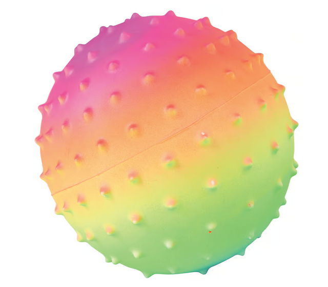 Knobby Ball | Rainbow neon squishy bumpy ball with raised knobs, inflates to 5 inches, perfect for sensory play and stress relief.