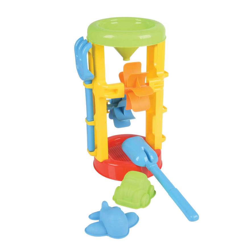 Sand Wheel Toy with shovel, rake, and molds, designed for pouring sand to spin colorful whirlygigs.