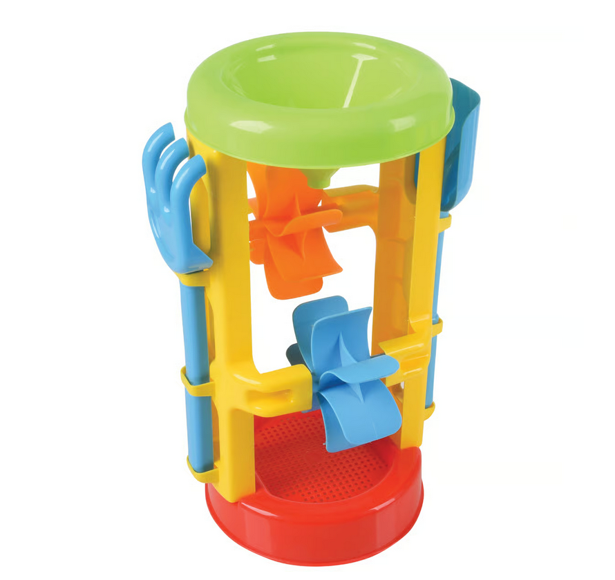 Colorful Sand Wheel Toy with spinning whirlygigs, shovel, hand rake, and sand molds for kids ages 2 and up.