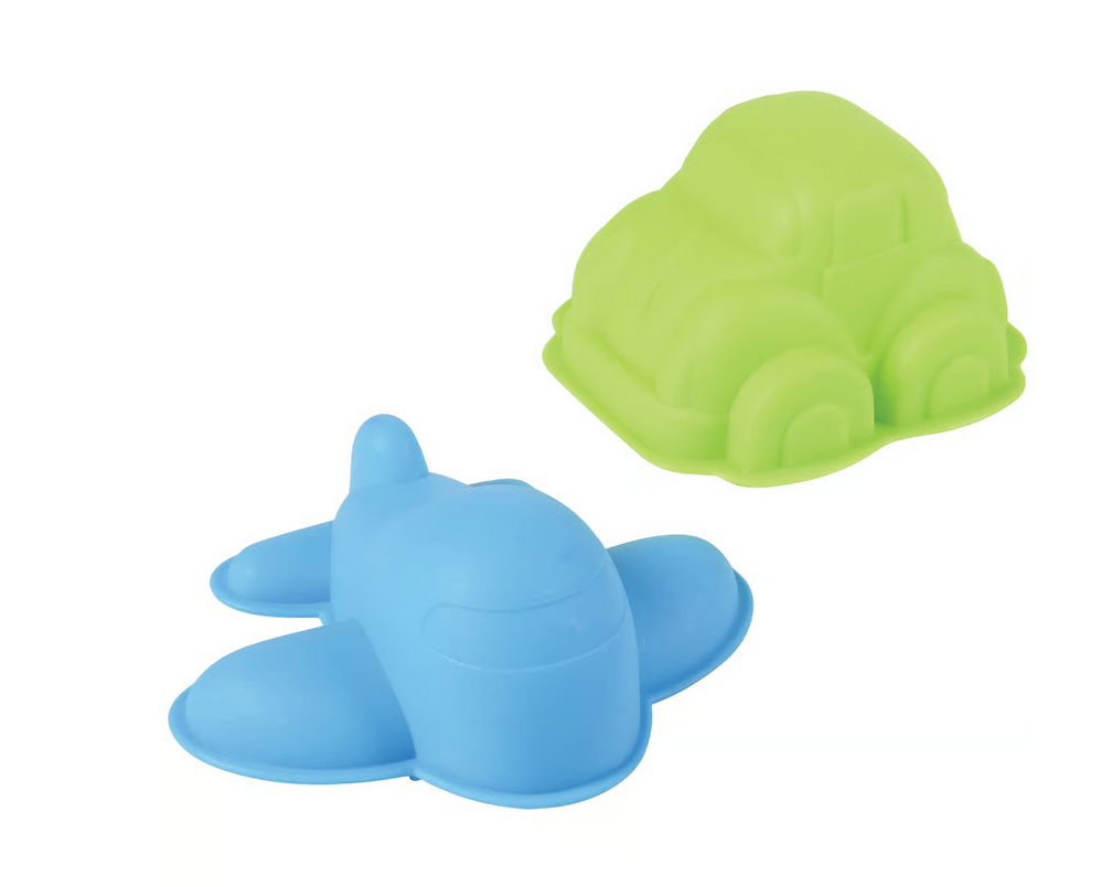Sand Wheel Toy includes blue airplane and green car sand molds for fun outdoor play.