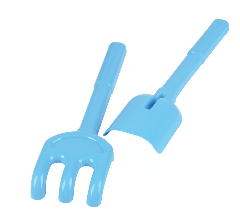 Blue plastic shovel and hand rake tools from the Sand Wheel Toy set for creative sand play.