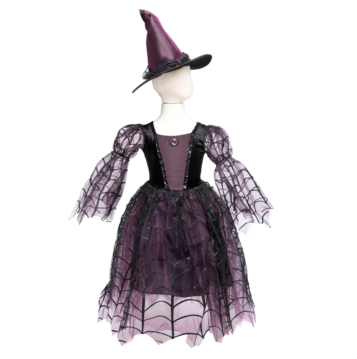 Amethyst the Spider Witch dress with spiderweb pattern, flowing sleeves, and matching pointed hat for size 5/6.