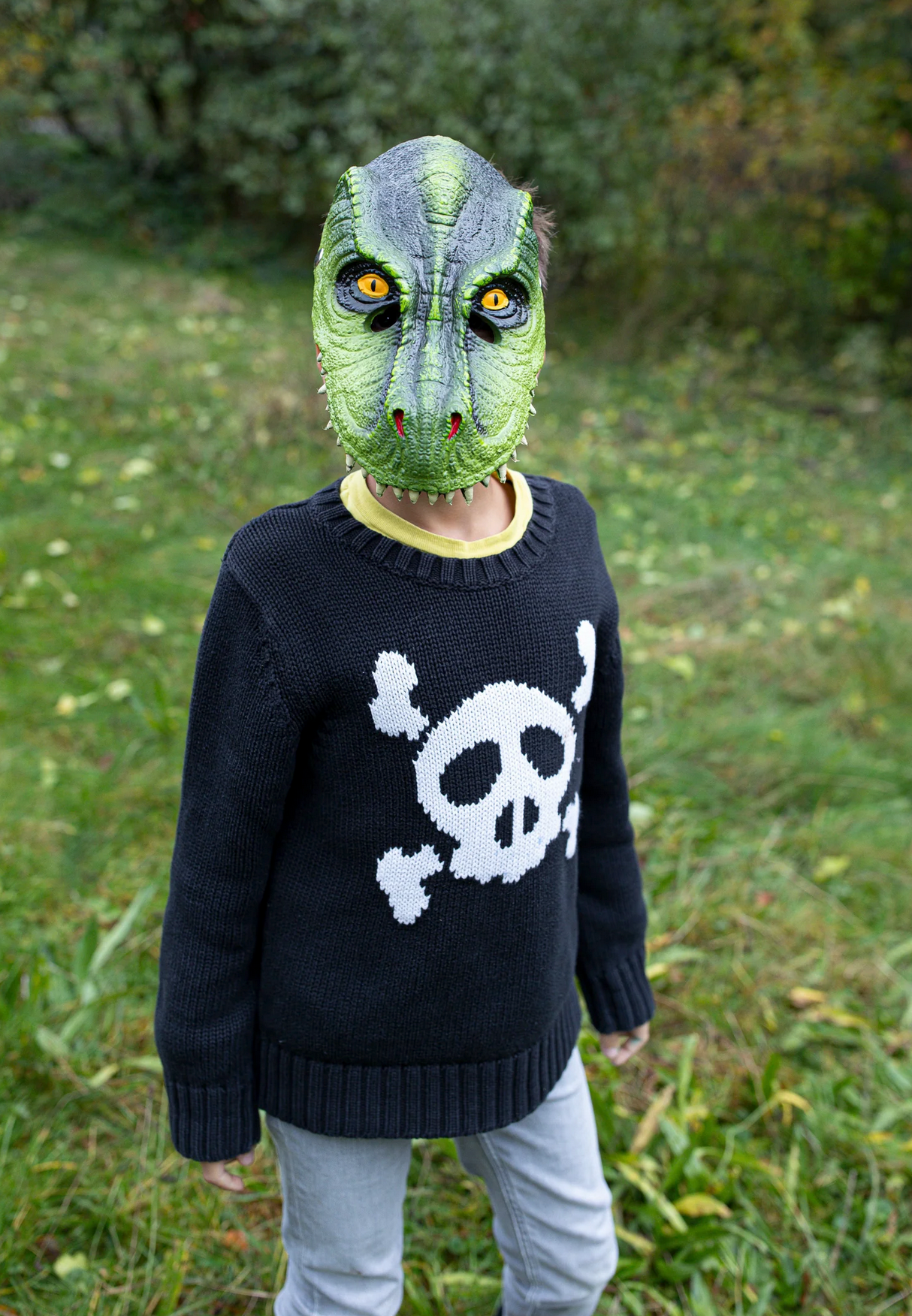 Child wearing a vibrant green T-Rex Dino Mask with detailed eyes and snout, perfect for imaginative play.