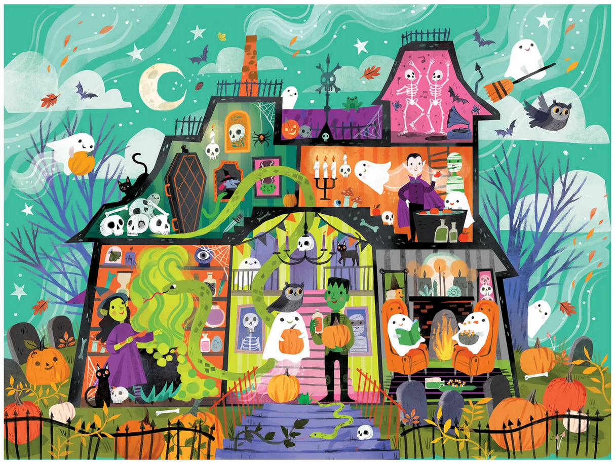 36pc Haunted House Floor Puzzle featuring colorful haunted house with ghosts, witches, skeletons, pumpkins, and spooky creatures.