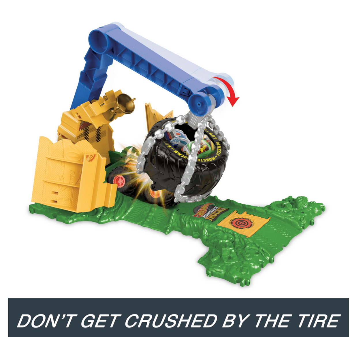 Hot Wheels Monster Trucks Rhinomite Chargin Challenge with swinging tire trap and obstacle course playset.