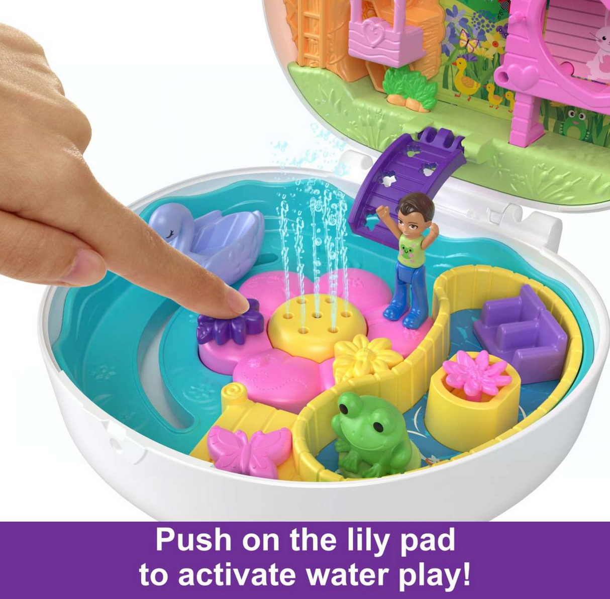 Polly Pocket Bunny World compact with water play feature, dolls, and colorful garden accessories for imaginative outdoor fun.