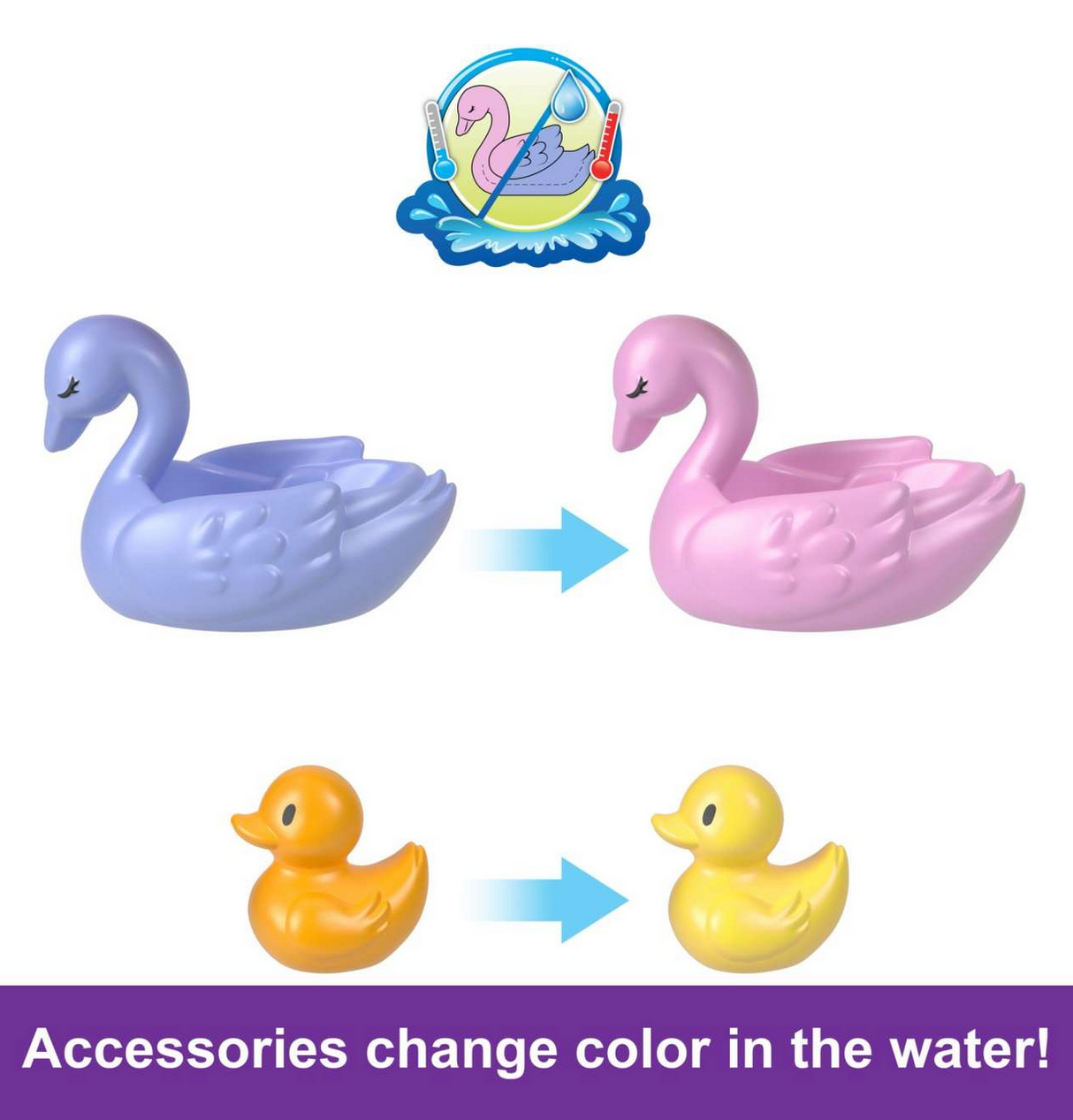 Polly Pocket Bunny World features color-change swan and duck accessories that transform when placed in water.