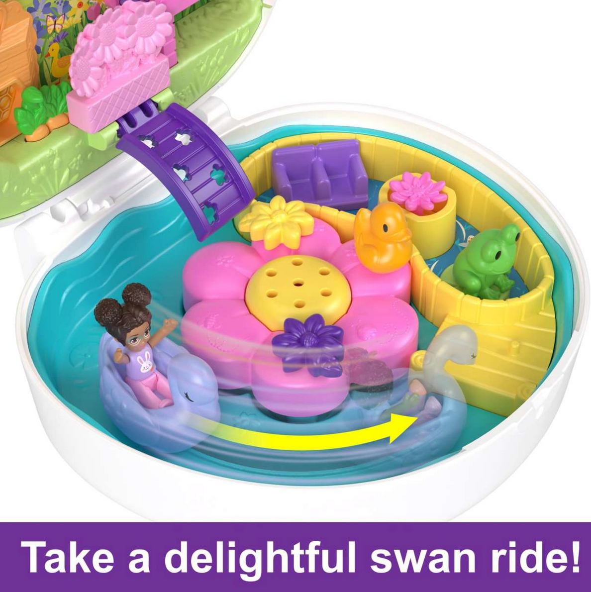 Polly Pocket Bunny World with Shani™ doll on swan boat, flower garden pond, and colorful play accessories.