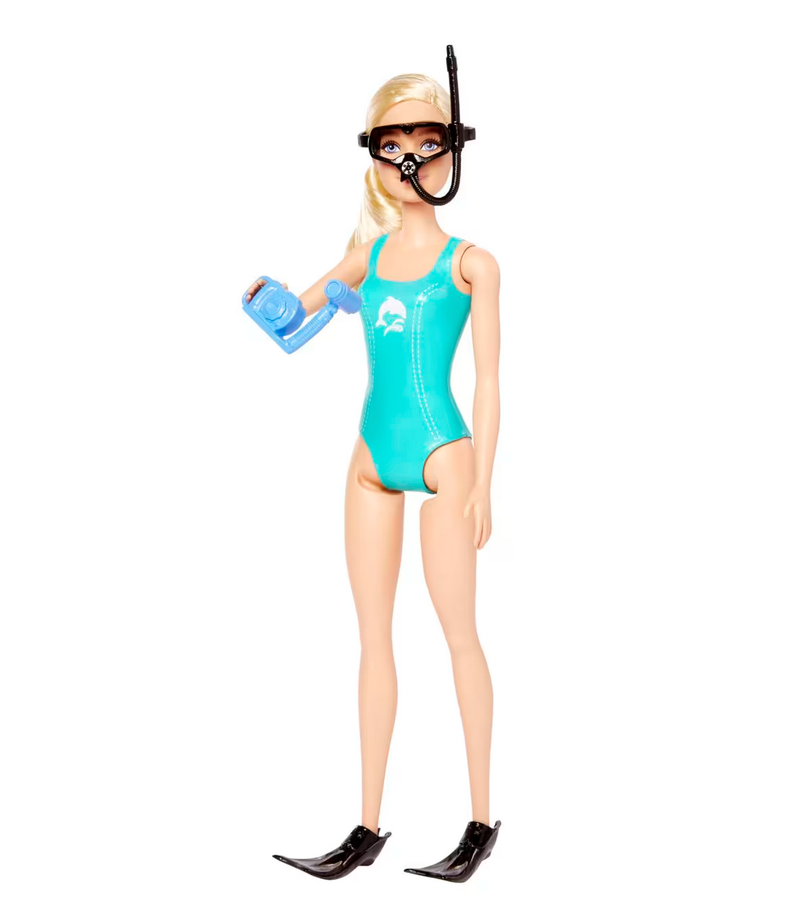 Barbie Marine Biologist Playset doll in turquoise swimsuit with snorkel gear and underwater camera accessory.