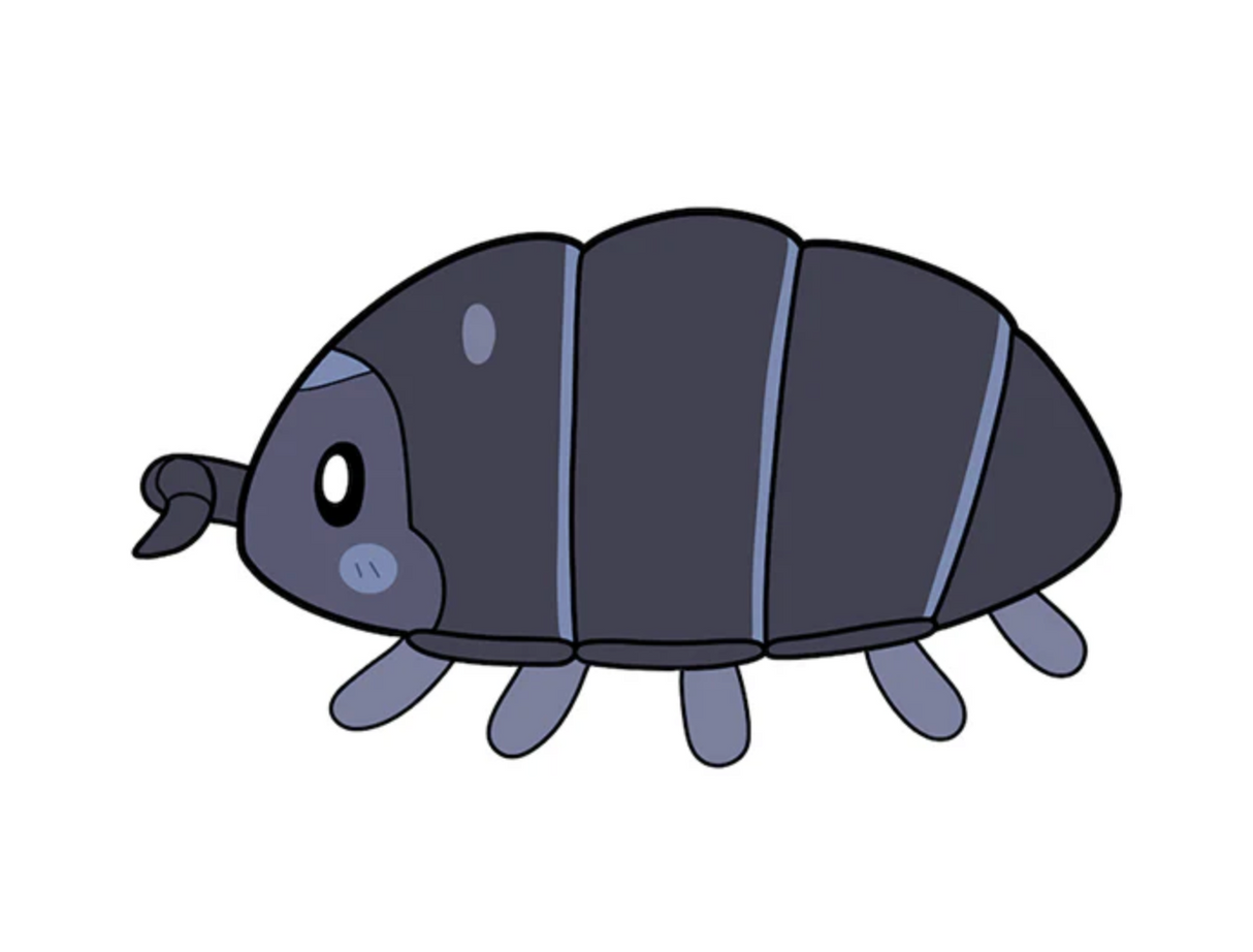 Pillbug Mini plush toy shown unrolled, featuring a chitinous segmented shell and cute black-blue design.