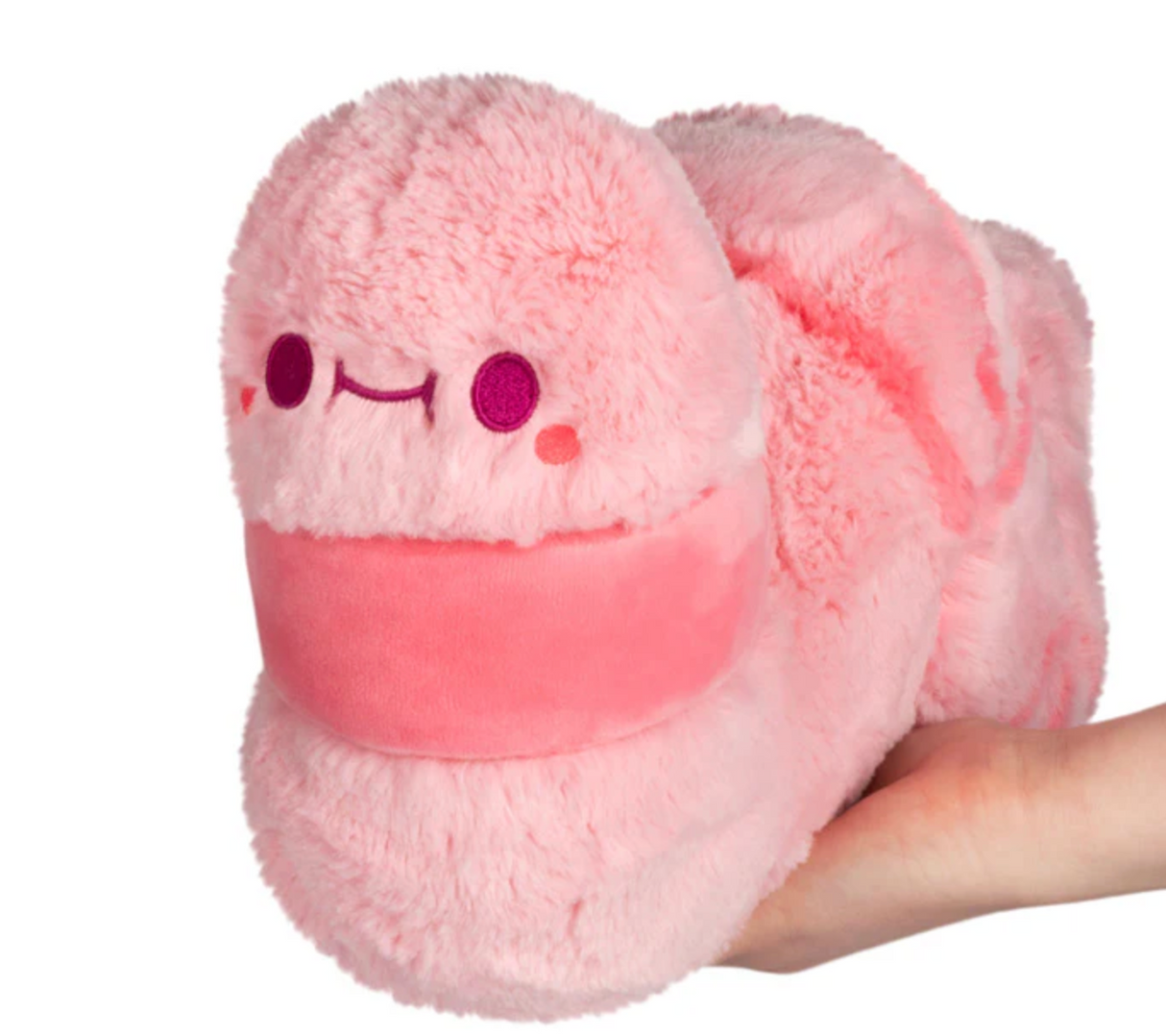 Soft and cuddly Worm Mini plush toy in pink with a cute smiling face, perfect for all ages.