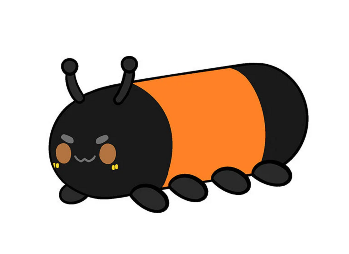 Cute wooly caterpillar mini plush with black and orange segments, perfect for all ages and weather prediction fun.