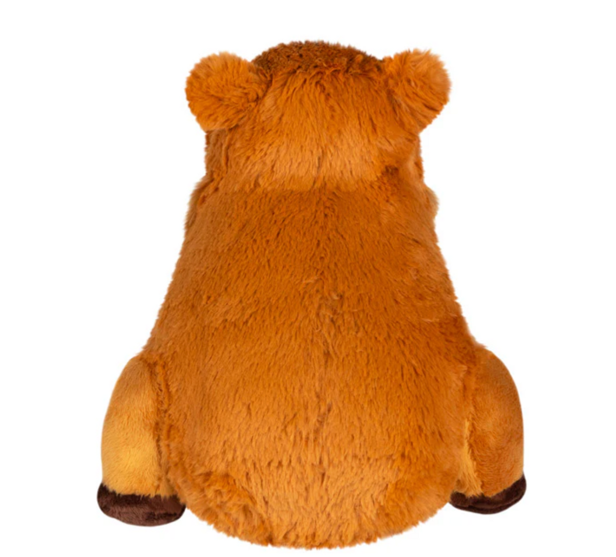 Plush Capybara Mini showing soft brown polyester fiber fur from the back, measuring 9 inches on each side.