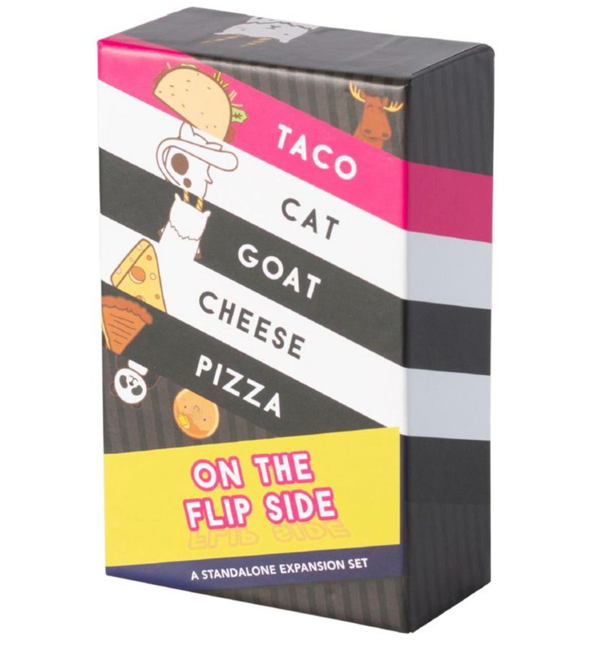 Taco Cat Goat Cheese Pizza: On the Flip Side game box with colorful stripes and character illustrations.