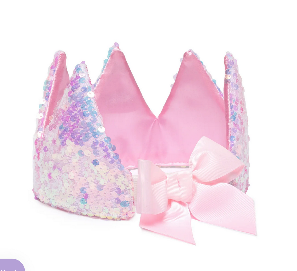 Ombre Sequins Crown with shimmering gradient sequins, soft satin lining, and a delicate pink bow at the back.