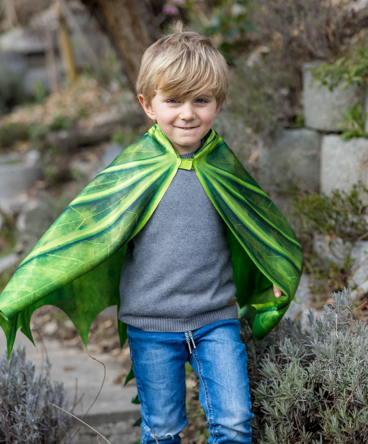 Young boy wearing green Soft Wings & Mask | Legendary Dragon outdoors, ready for imaginative play and flight adventures.