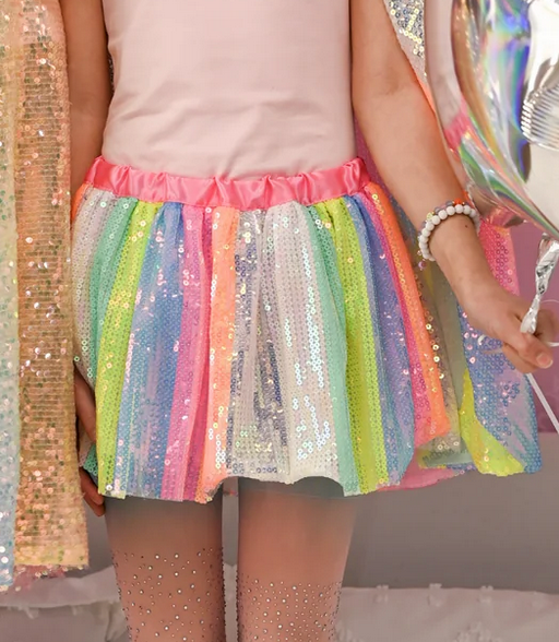 Sequins Skirt | Stripy Size 4-6 neon tutu with multicolor stripes, sparkling sequins, and a satin pink waistband.