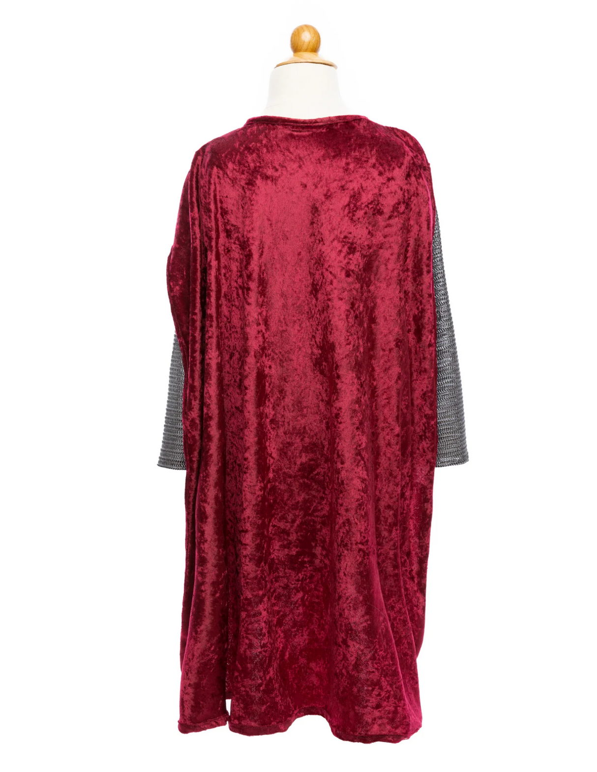 Silver Knight with Cape showing rich red velour cape and chainmail-like sleeves on a mannequin.