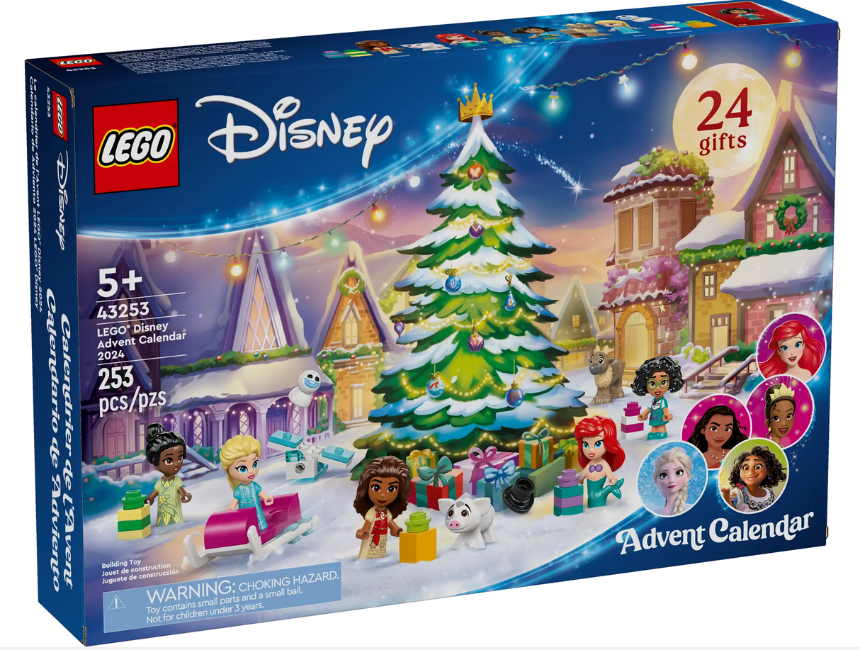 LEGO Disney Princess Advent Calendar showing festive winter scene with characters and 24 gifts for kids 5+.