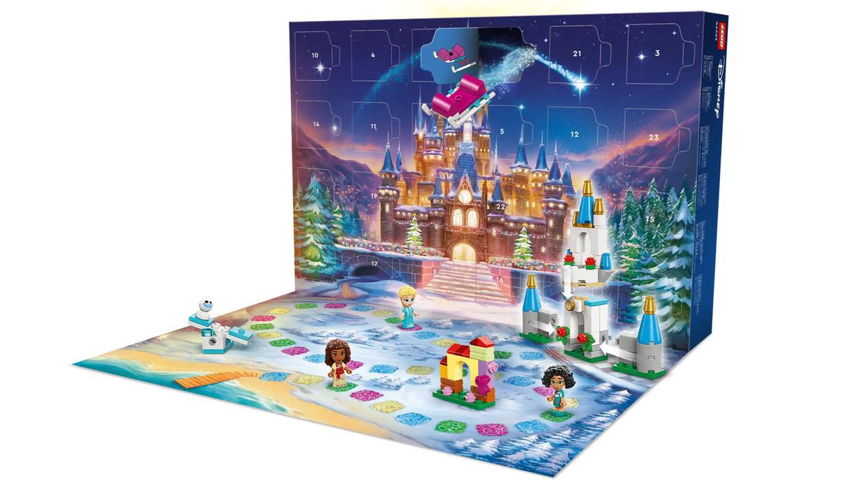 Disney Princess Advent Calendar featuring LEGO® Disney characters and a colorful holiday game board playset.