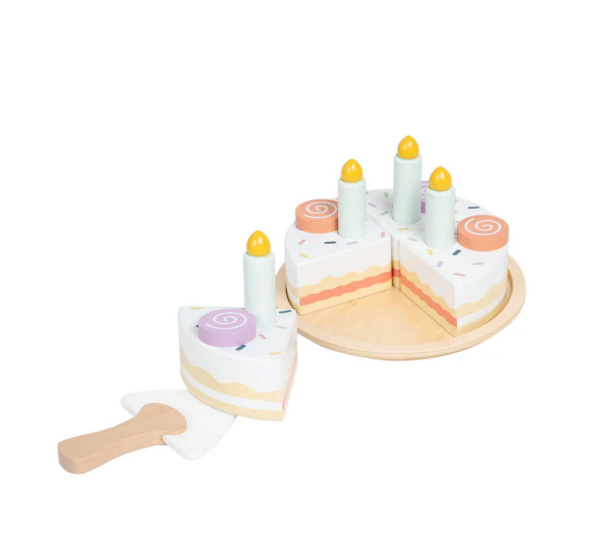 Celebration Wooden Cake Set with frosted wooden cake, four slices, removable candles, and serving plate with slicer.