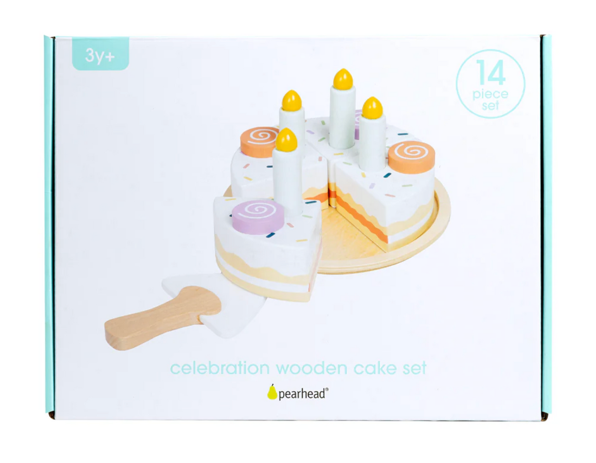 Celebration Wooden Cake Set with 4 slices, removable candles, icing swirls, plate, and cake slicer for imaginative play.