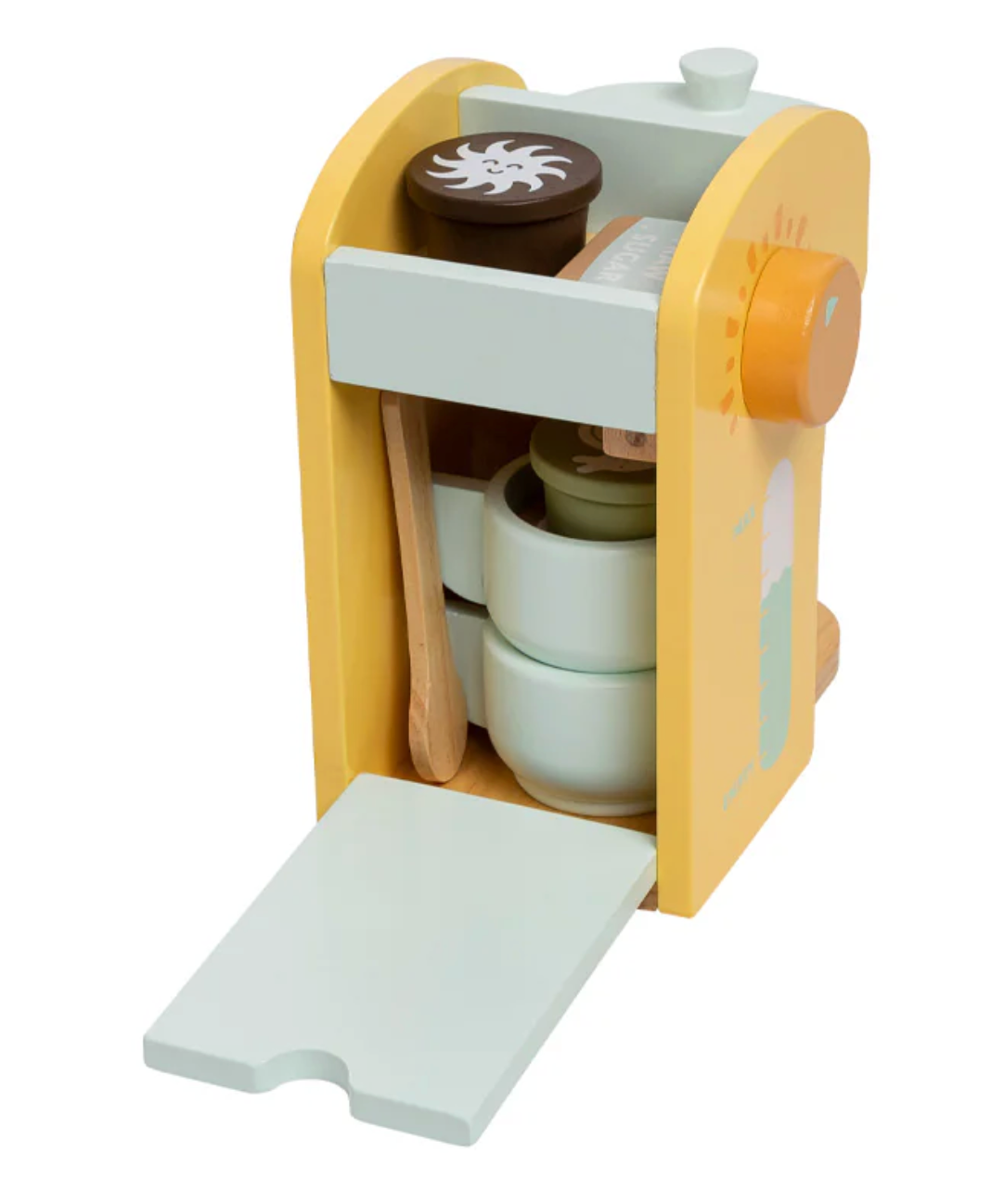 Barista in Training Wooden Coffee Set with coffee maker, cups, spoon, and pods for imaginative play and skill development.