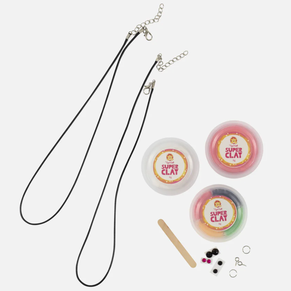 Clay Craft | Sweeties Necklaces kit showing Super Clay pots, necklace cords, wooden stick, beads, and rings on white background.