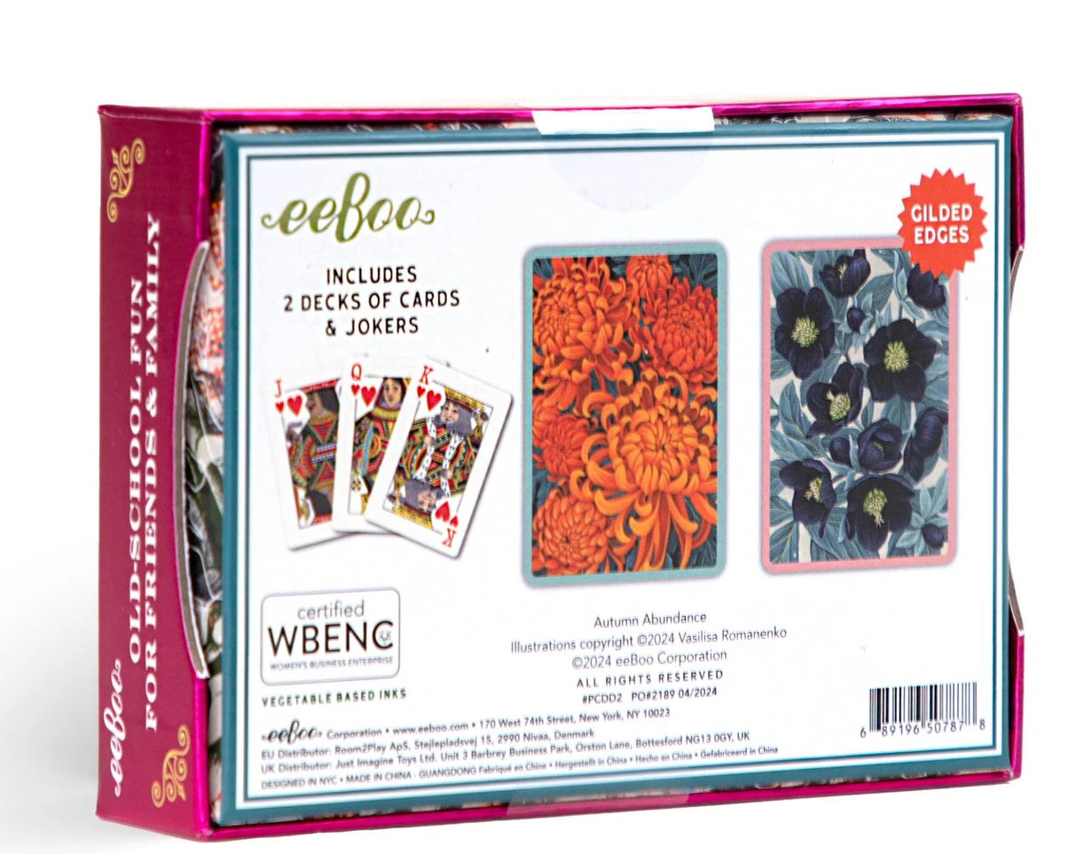Playing Cards | Autumn Abundance boxed set with floral artwork, gilded edges, two decks, and jokers in a colorful design.